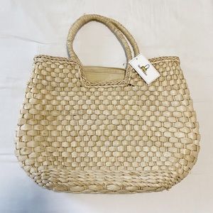 NORDSTROM STRAW STUDIOS Straw Tote Bag Lined Pockets Woven Handmade Beach Boho